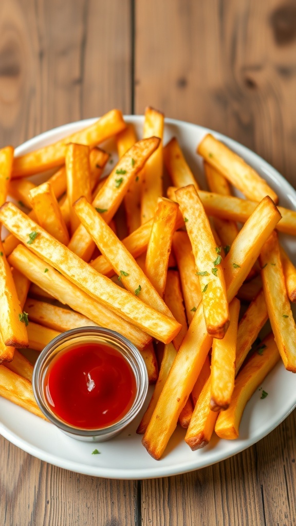 Crispy air fryer French fries served with ketchup on a rustic table.